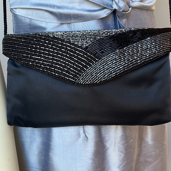 VINTAGE Delill Black Beaded Satin Envelope Clutch Evening Purse - Picture 3 of 11